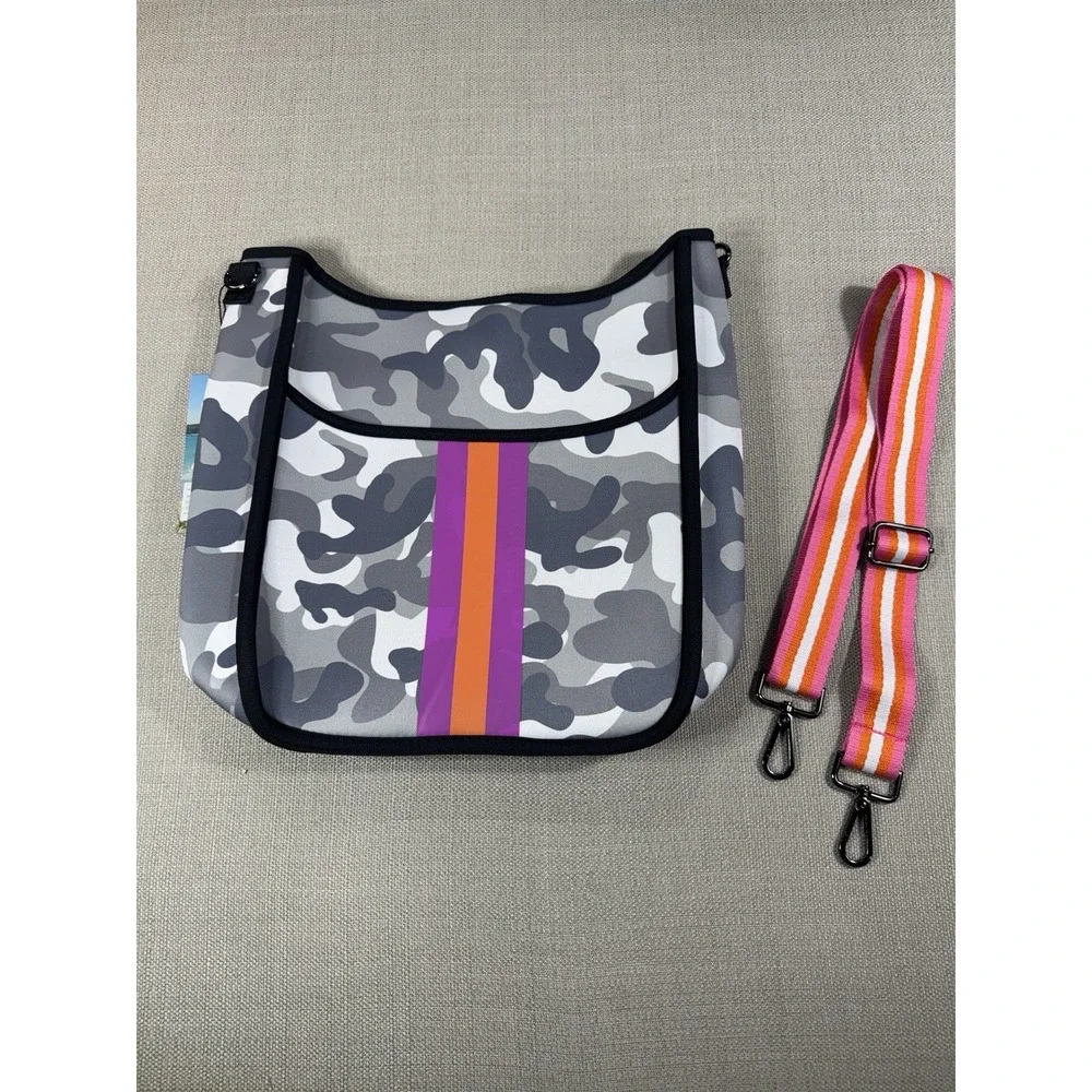 Neoprene Camo Crossbody Stripe Webbing Stripe Pink Orange Gray - NEW With Tag